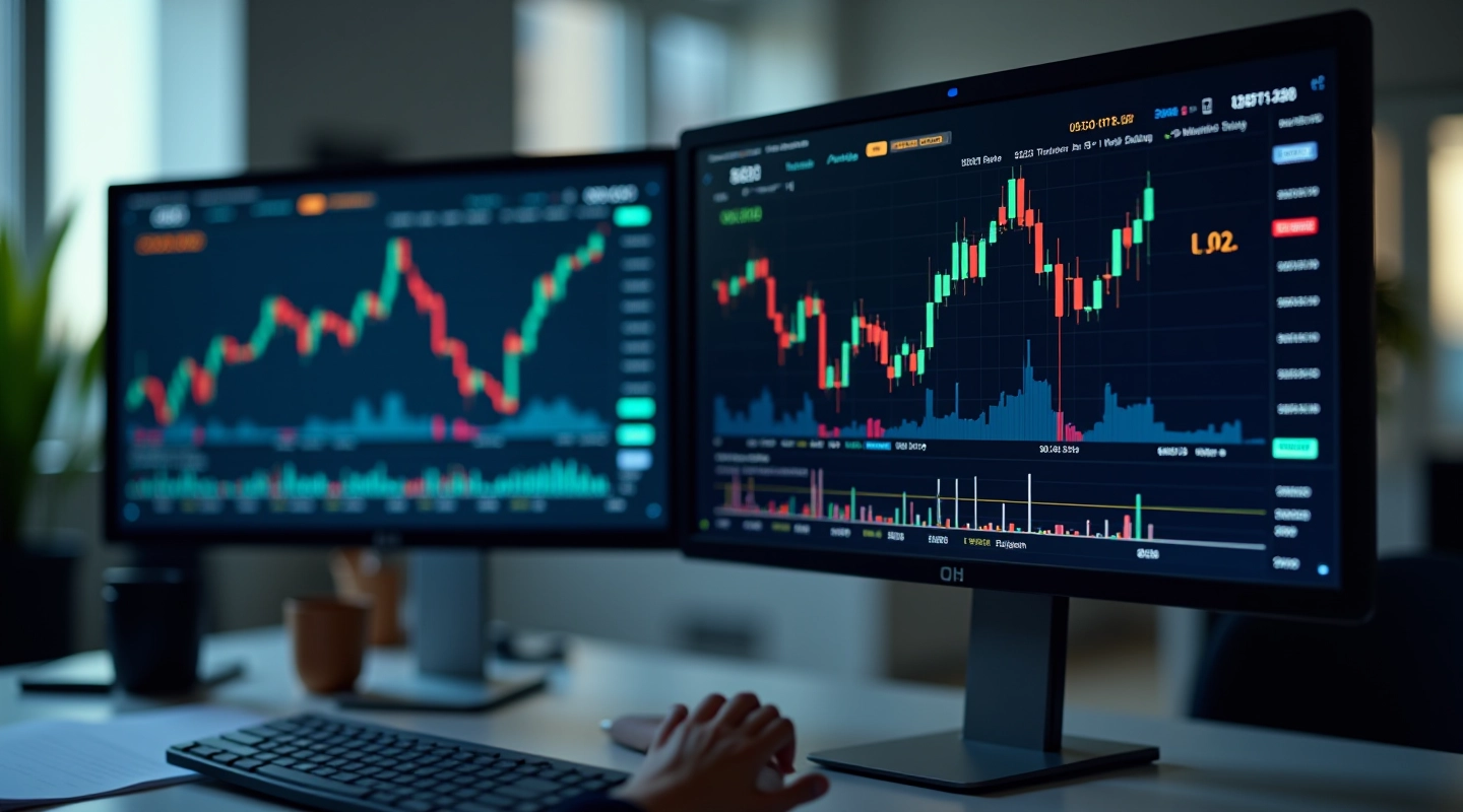 Computer monitor displaying stock market data and financial metrics