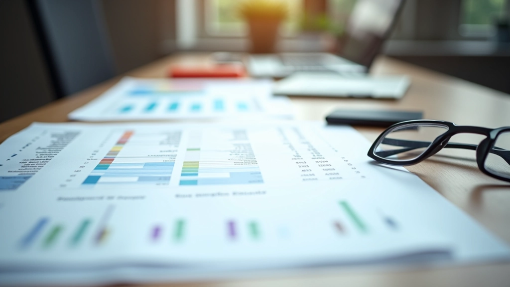 Analyst reviewing financial statements and balance sheet documents at workspace with multiple papers and charts